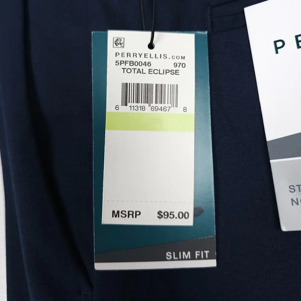 Perry Ellis Mens Slim Fit Dress Pants 34x30 Eclipse Blue Stretch Micro Twill NWT